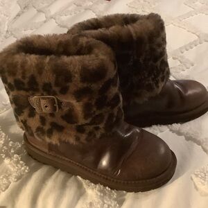 UGG Brown Kids Boots with Leopard Faux Fur